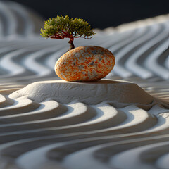 stones in the water,
A minimalist sand garden with a brown rock