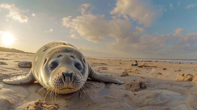 Gray seal (Halichoerus grypus), young animal resting on the beach, Duene Island, Helgoland, Lower Saxony, Germany.