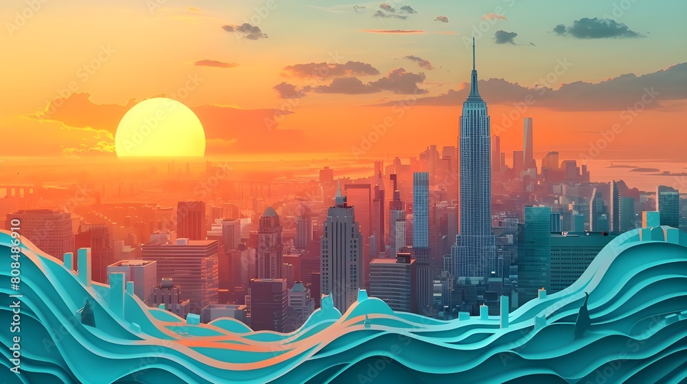 Wall mural new york city skyline at sunset landscape. 3d paper craft view, watercolor painting of historic city