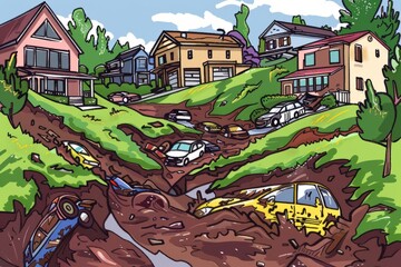 Cartoon cute doodles of a peaceful suburb, threatened by a mudslide cascading down the hillside, with cars buried in mud and residents, Generative AI