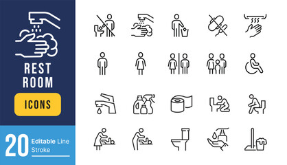 Set of Rest Room Related Vector Line Icons. Contains such Icons as Family WC, Do not throw sign, Water tap and more. Editable Stroke.