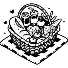 Wicker picnic basket filled with food stands on blanket in monochrome. Summer dinner outdoors. Simple minimalistic vector in black ink drawing on transparent background
