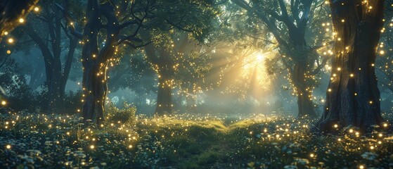 Magical 3D forest glade with fairy-tale creatures and sparkling lights, enchanting atmosphere with space for copy