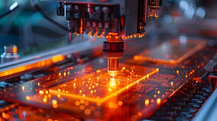 An advanced vertical micro processing machine in action, with glowing orange light on the base. high-tech precision at work in innovative.