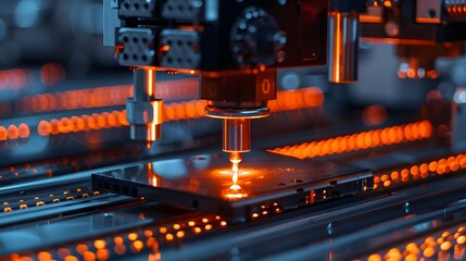 An advanced vertical micro processing machine in action, with glowing orange light on the base. high-tech precision at work in innovative.