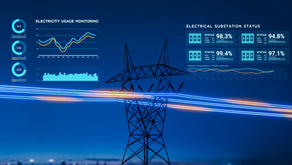 Electric transmission tower with glowing electricity flowing, electrical power transmit from high voltage substation infrastructure to city, energy usage monitoring dashboard interface 3d rendering