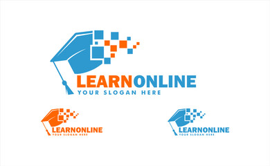 learning education online vector logo design template with hat and pixel icon