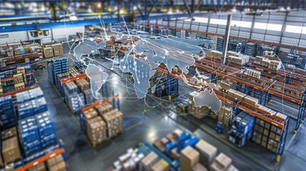  warehouse map showcasing the global reach of a company's operations, with color-coded lines connecting the warehouse to various countries and continents. 