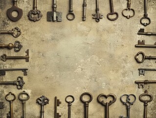 A square arrangement of various antique keys filling the frame, showcasing a nostalgic and historical motif. Copy space.