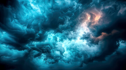 Dramatic blue storm clouds, moody abstract nature, turbulent swirling atmosphere