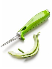 Peeler Ergonomic vegetable peeler, clearly shown in use or resting, highlighting its blade and handle, isolated on white blackground.