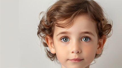 Cute young child with prominent protruding ears on a light background. Most commonly treated...