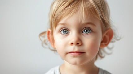 Cute young child with prominent protruding ears on a light background. Most commonly treated auricular deformity. Setback otoplasty banner. copy space for text.