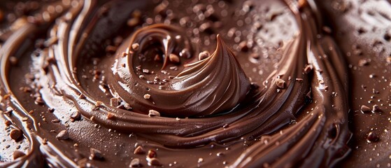 Full frame macro shot of swirling chocolate hazelnut gelato, highlighting the glossy sheen and fine texture