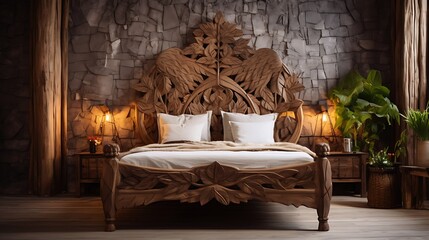 A rustic wooden bed frame with intricate carvings, adding charm and character to a bedroom
