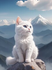 Obraz premium A curious white cat perched on a snowy roof, gazing out at the winter wonderland