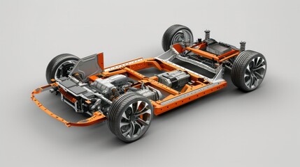 cutaway view of an electric vehicle's chassis, revealing the placement of the powertrain system and its integration with other vehicle components. 