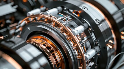  detailed illustration of an electric motor's internal components, including the rotor, stator, and windings. 