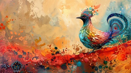 A watercolor painting of a whimsical bird with bright feathers.