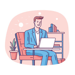 Young Caucasian businessman working laptop, sitting desk, office setting, smiling, productivity. Professional man suit using computer, indoor plant, bookshelf, business illustration. Vector