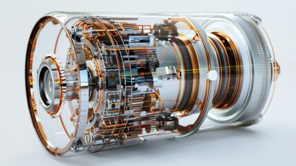  detailed illustration of an electric motor's internal components, including the rotor, stator, and windings. 
