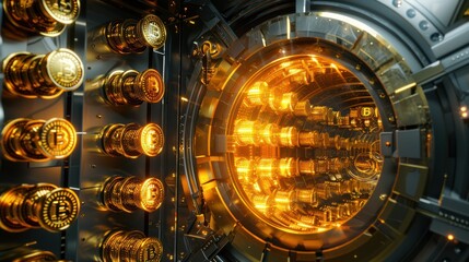  futuristic bank vault, filled with glowing cryptocurrency tokens instead of gold bars. 