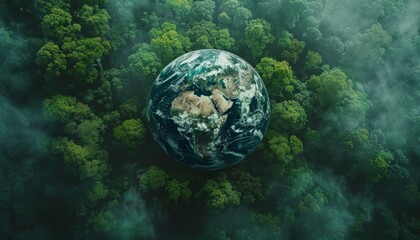 A small planet is surrounded by trees and fog