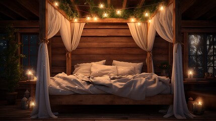 A rustic wooden bed frame adorned with fairy lights, adding a touch of magic to a cozy cabin retreat