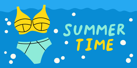 Summer sale template with text Summer time. Banner, poster with summer swimsuit. Advertising, sale banner isolated
