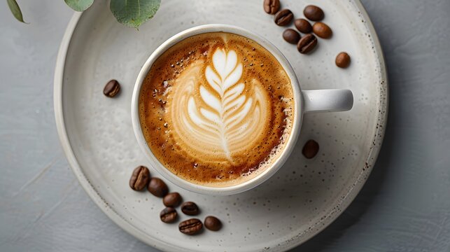 A cup of coffee with latte art in a white mug on a plate with scattered brown beans, in a closeup view from a top down perspective with a flat lay background.