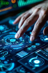Obraz premium A hand is pointing at a glowing circle on a screen