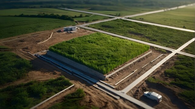 Pin icon for location on a plot of green land, an estate investment, or a parcel of land intended for construction. three-dimensional ground slice