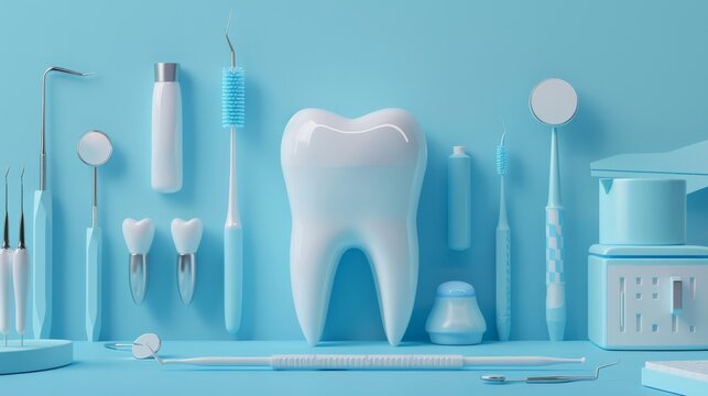 3D render of a cartoon tooth and dental tools on a blue background.