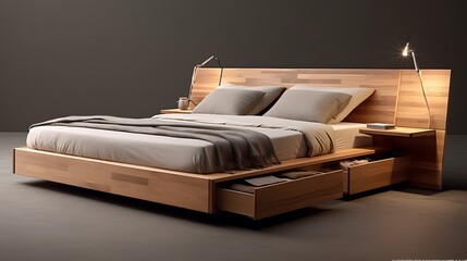 A sleek wooden bed frame with built-in storage drawers, providing practicality and style in a...