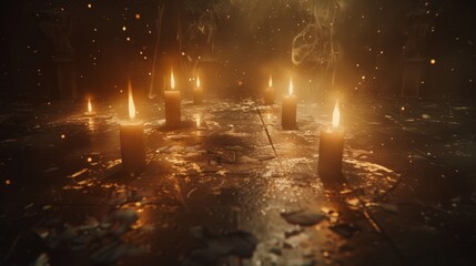 A dark room with a circle of candles on the floor.