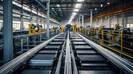 Fototapeta premium Modern Bright Factory: A Huge Production Line with Industrial Robot Arms