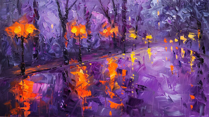 Abstract impressionism capturing a rainy evening park scene with vibrant hues.