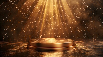 An empty golden stage with rays of light shining down, representing the concept of success and achievement.  For the award ceremony or presentation 