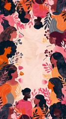 Several women standing together among lush green leaves and colorful flowers in a garden or forest setting. International Womens Day. Copy space.