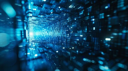 Obraz premium A blue, glowing tunnel with many small lights