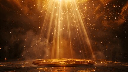 An empty golden stage with rays of light shining down, representing the concept of success and achievement.  For the award ceremony or presentation 