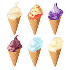 Six ice cream cones in a row with different flavors. Top row: vanilla, strawberry, blueberry. Bottom row: chocolate, mint, cream.