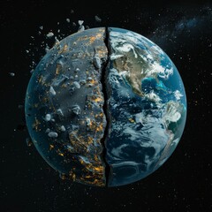 A planet is split in half, with one half being covered in debris