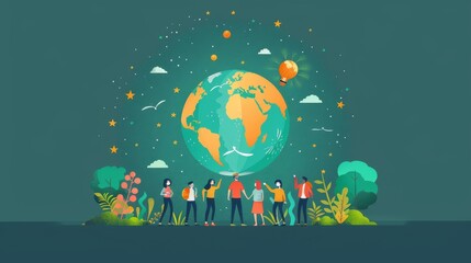 Fototapeta premium A group of people are standing around a globe