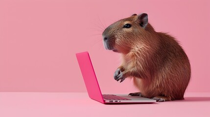 Capybara Programmer Coding on Laptop in Surreal description This surreal depicts a capybara a large rodent species using a laptop computer with copy space for text
