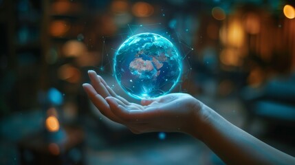 Fototapeta premium A hand holding a blue globe