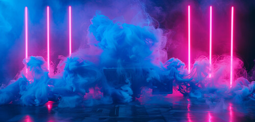 Deep blue swirling smoke highlighted by pink neon on stage, abstract design for events.