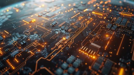 Obraz premium A computer chip is shown in a close up with many orange lights