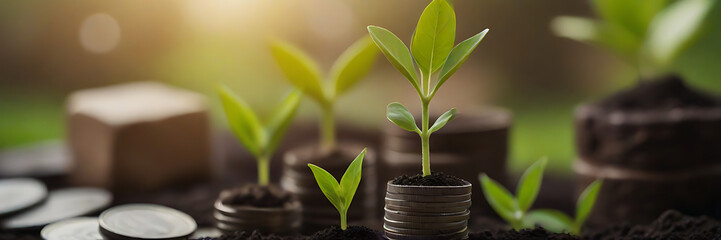 Seedling are growing with business arrow of growth. Young plants on coin stacks increase. Growing money,finance and investment.