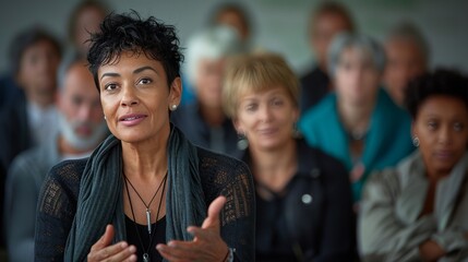 Obraz premium A woman with a scarf on her neck is talking to a group of people
